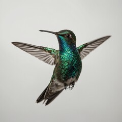 Fototapeta premium A tiny hummingbird with metallic green feathers in mid-flight on a white background.