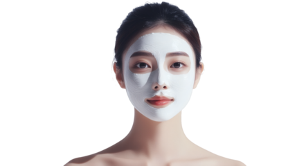Beautiful Asian woman with a white facial mask isolated on white background