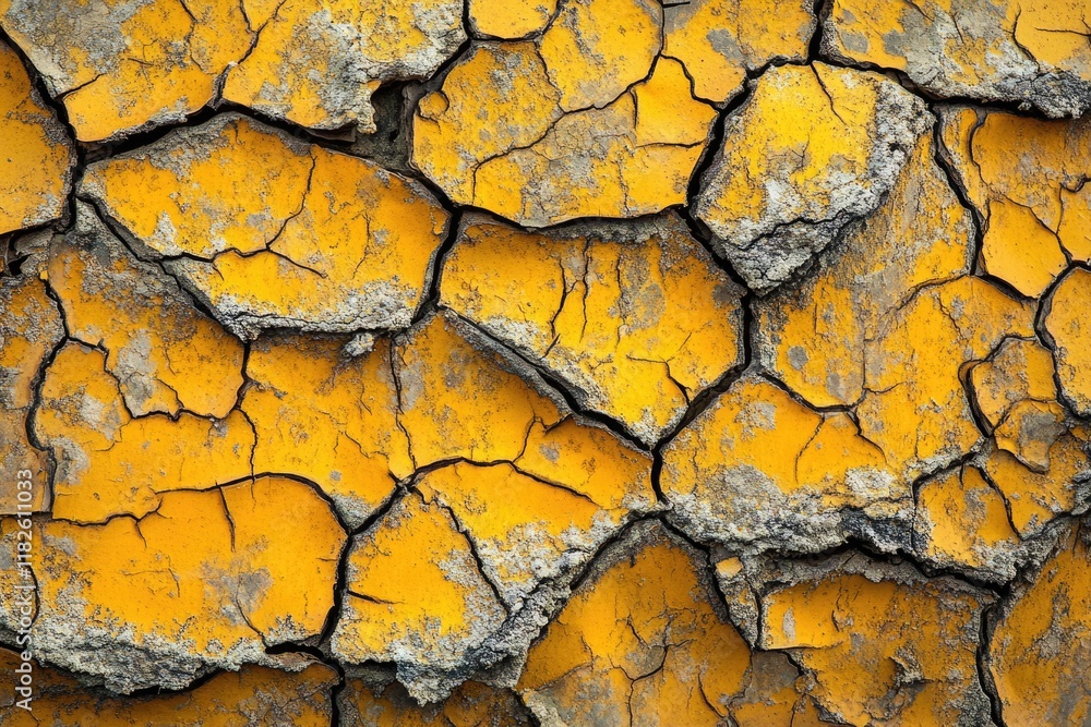 Poster a close-up view of a cracked surface with yellow paint, suitable for use in illustrations or design 