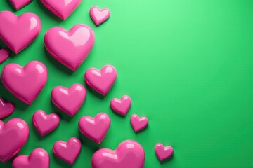 Fototapeta premium Repetitive pink hearts, vibrant green backdrop, happy, simple