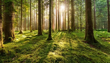 Obraz premium tranquil forest scene with tall trees sunlight filtering through illuminating lush moss covered ground