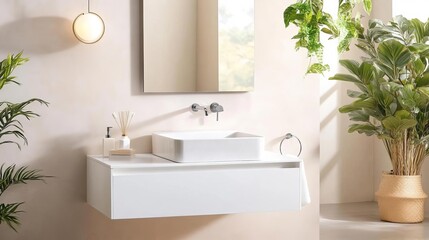 Fototapeta premium Compact floating vanity with modular storage compartments, practical for urban bathrooms