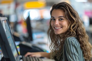 Happy woman accountant working on a computer in the office