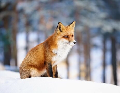 lush red fox sitting on a blurred background of a snowy forest landscape copy space