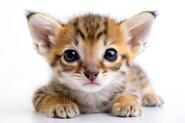Fototapeta premium Adorable tiny tabby kitten lying down on white background.