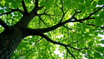 Fototapeta premium Dense green crown, branches intertwining overhead, green, overhead