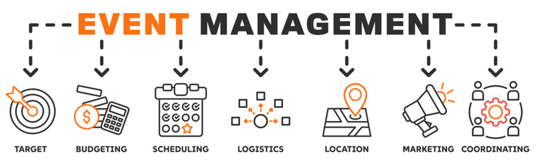 Event management banner web icon concept illustration with target, budgeting, scheduling, logistics, location, marketing, and coordination