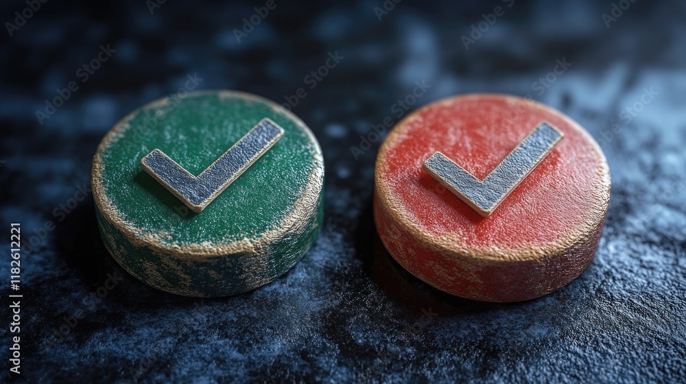 Poster close-up of two buttons on a table surface