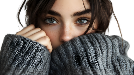 Woman Hiding Face in Cozy Sweater  Winter Fashion  Grey Knitwear