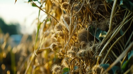 Golden autumn fields: close-up of sunlit dry foliage and thistles