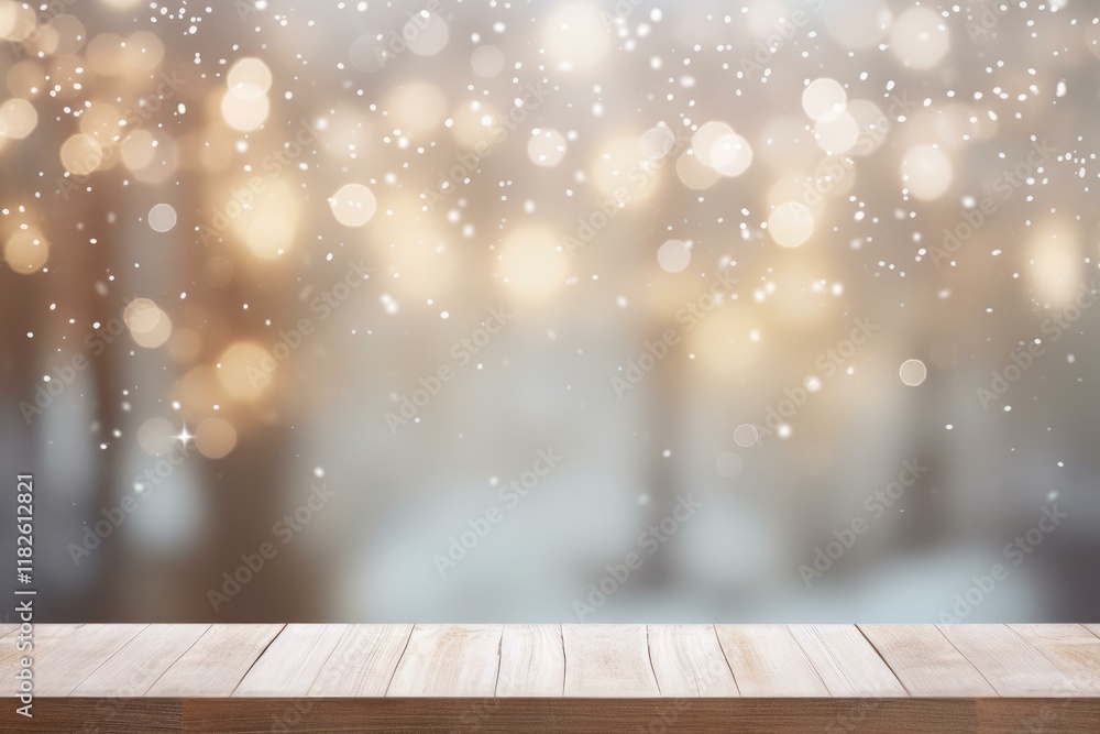 Poster empty wooden table with falling snow and bokeh lights creating a magical winter atmosphere, perfect 
