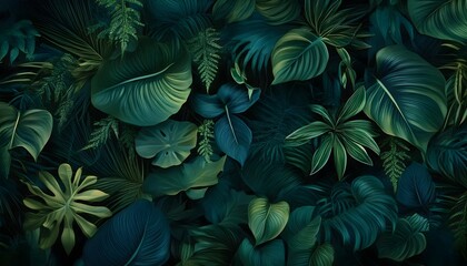 Fototapeta premium Tropical plants wall on a dark background. Green tropical leaves wallpaper made of anthurium, epiphytes and monstera