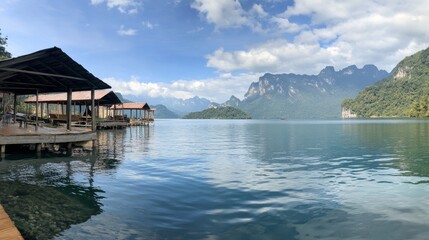 Fototapeta premium Serene Lakeside Huts with Majestic Mountains