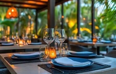 Fototapeta premium Photo of a fancy dining table with place settings in an outdoor restaurant at the Tulum hotel.