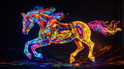 Illustration graphic of colorful lining texture or pattern formation on the horse body shape, isolated on black background. 3d rendering abstract loop neon lighting effect on horse shape.