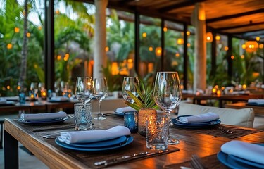 Photo of a fancy dining table with place settings in an outdoor restaurant at the Tulum hotel.