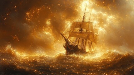 A dramatic ship navigating turbulent waters, illuminated by fiery clouds.