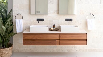 Floating vanity in warm walnut, paired with stone tiles