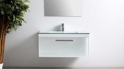 Floating vanity with a translucent glass countertop, sleek and ethereal design