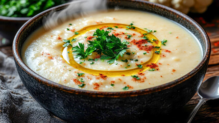 A bowl of creamy cauliflower soup garnished with fresh parsley and a drizzle of olive oil