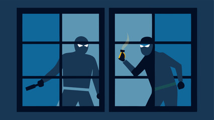 Window Reflection The reflection of burglars can be seen in the glass of a front window with one holding a flashlight and the other a tool.