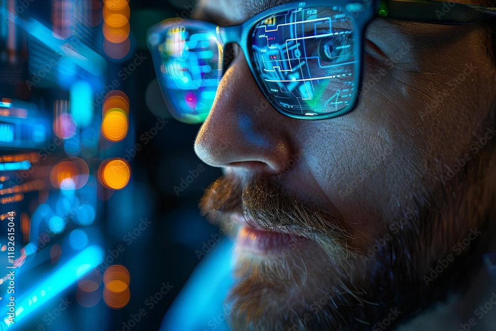 Poster businessman utilizing ai holographic screens to implement automated marketing strategies for profit 