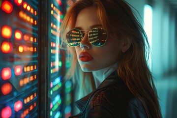 Glamorous businesswoman with stylish glasses and groomed beard utilizes AI technology to analyze real-time data on holographic screens in futuristic office setting