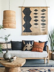 Cozy Bohemian Living Space with Handmade Decor and Woven Textures
