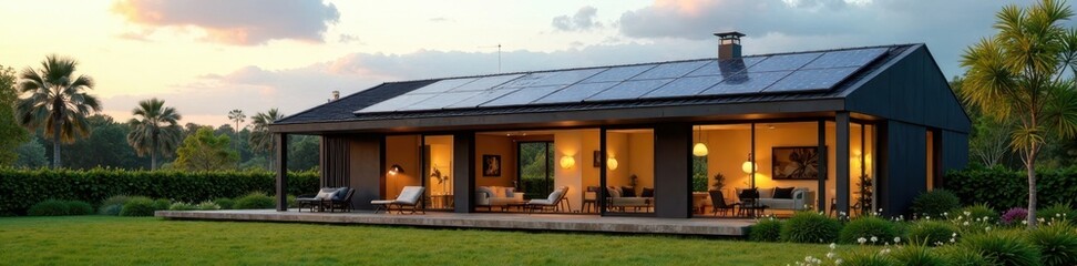 Fototapeta premium Sleek, minimalist modular home exterior Solar panels, large windows , brick, simple
