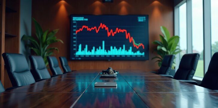 Boardroom table with declining stock charts and rising inflation data, recession, investment portfolio