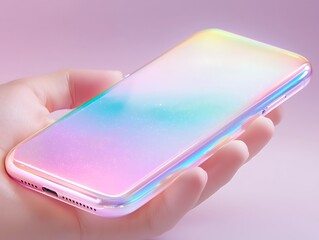 Hand holding a pastel iridescent smartphone.