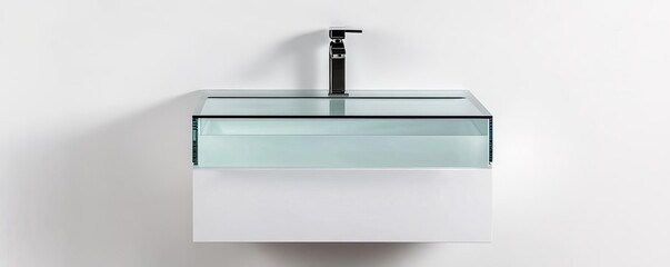 Floating vanity with integrated glass sink, seamless and sleek