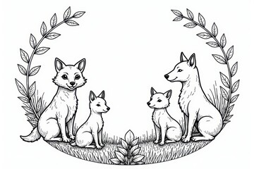 Circular coloring page featuring whimsical forest animals Cute woodland creatures in black and white , branch, owl