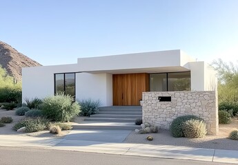 A modern white stucco and stone home in the desert, surrounded by native plants, features a wood front door.