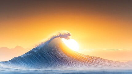 Majestic ocean wave at sunrise with vibrant orange sky