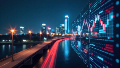 Business data graphs superimposed on a city at night , trends, abstract