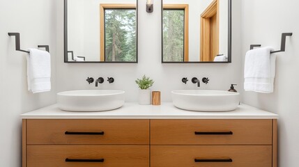 Fototapeta premium Floating vanity with matte wood tones, warm and earthy