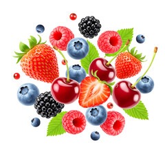 Delicious Fresh Berries Mix: Strawberries, Blueberries, Raspberries, Cherries, Blackberries - Juicy Summer Fruits Falling on Transparent Background.