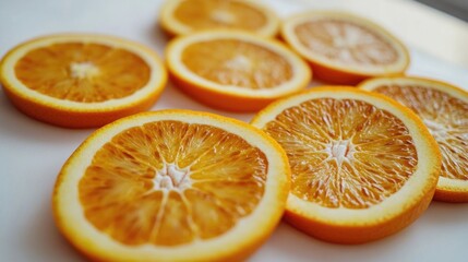 Fototapeta premium Fresh sliced oranges arranged on a white plate, great for still life photography or food styling