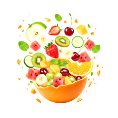 Fresh Fruit Salad Explosion: Vibrant Summer Mix of Watermelon, Strawberries, Kiwi, Banana, Orange, and More in a Juicy Orange Bowl.