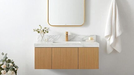 Floating vanity with soft gold finish and white marble top