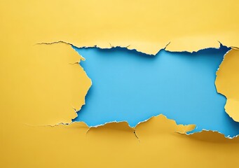 Obraz premium Blue torn paper with a yellow background, a concept with copy space. 