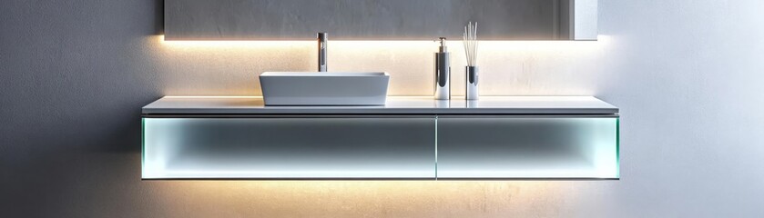 Glass floating vanity with chrome accents, illuminated by soft under-cabinet lighting, ultra-modern design