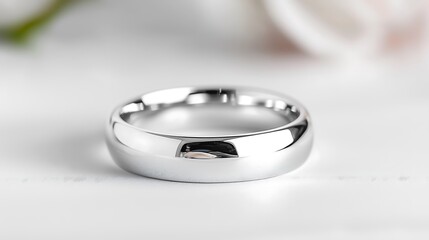 Close-up of a classic, polished silver wedding band on a white surface, with blurred floral background.