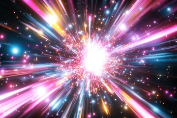 Fototapeta premium Colorful explosion of light and stars on a black background, suitable for use in space-themed designs or visual effects