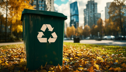 Green plastic trash bin with recycling symbol on city street in green color scheme.