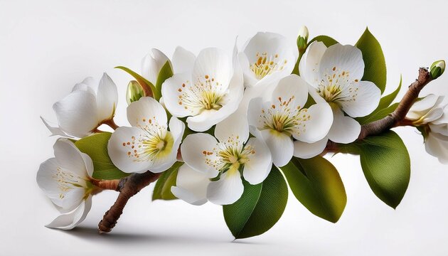 pear blossom white flowers with five petals appearing on pear trees in early spring isolated on clear white background highly detailed
