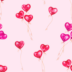 Seamless pattern of watercolor illustrations of heart-shaped balloons. Hand drawn watercolor illustration of a pattern of helium-filled balloons. Ideas for weddings, birthdays, children's parties.