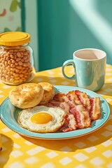 Food photography with a yellow and blue pastel background, a close-up of breakfast featuring bacon on the plate