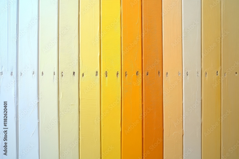 Poster multiple shades of yellow paint are displayed on a wooden surface, creating a gradient effect